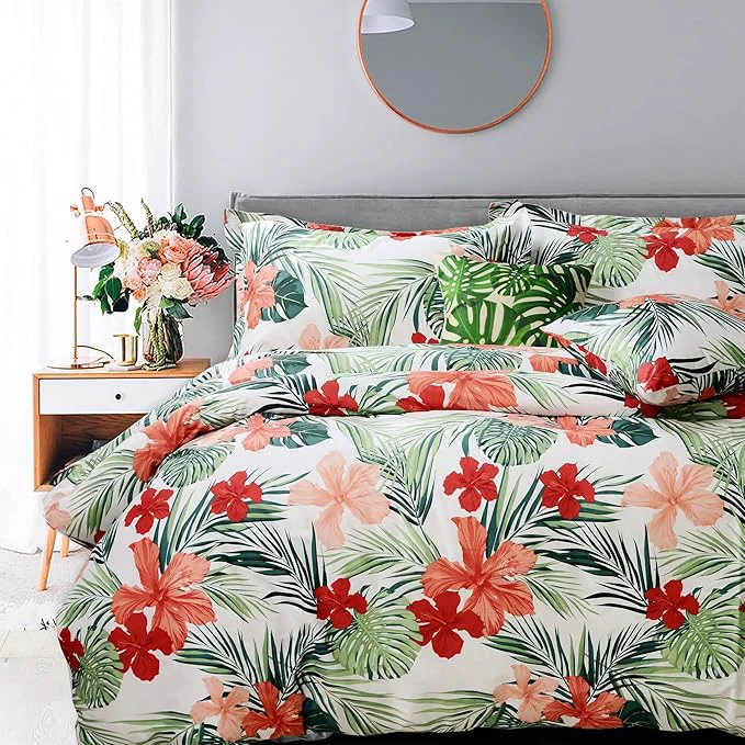 Excellent FADFAY Green Duvet Cover Cotton Tropical Bedding Red Hibiscus Flower amp Forest Green Palm Leaves Plants Watercolor Printed Zipper Closure Soft Breathable Girls Floral Bedding Set 3 Pcs Full Next-Generation