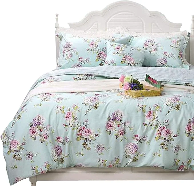 Relaxed FADFAY Girls Bedding Floral Duvet Cover Set Twin Size Hydrangea Flower Cotton Soft Quilt Cover Set Reversible Zipper Green Blue Bed Cover 3 Piece- No Filling Original Design