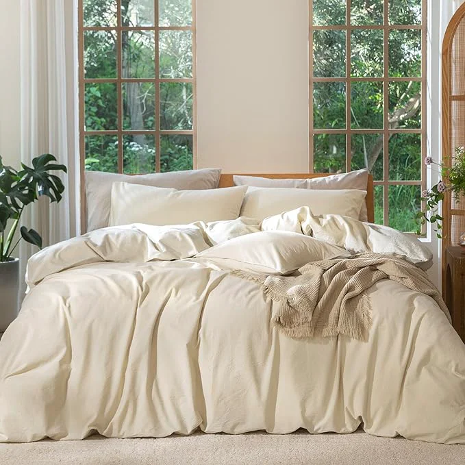 Fine Crafted MooMee Bedding Duvet Cover Set Washed Cotton Linen Like Textured Breathable Durable Soft Comfy Heathered Almond Milk Grey Full 80 quot x90 quot Healthy