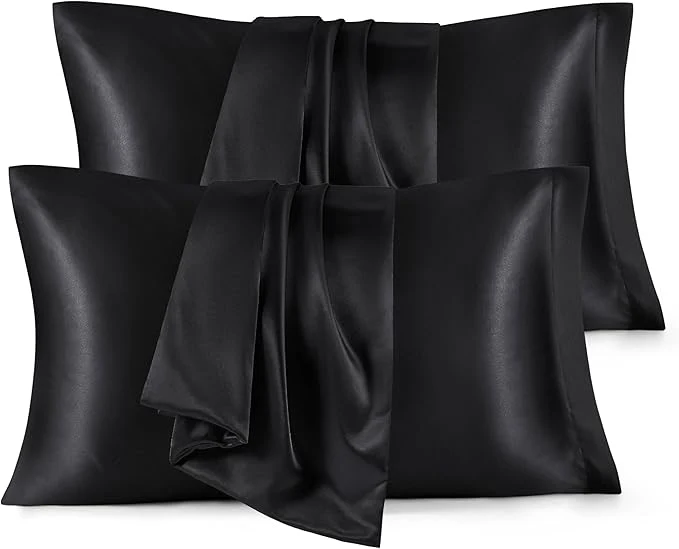 Casual Bedsure King Size Satin Pillowcase Set of 4 – Black Pillow Covers for Hair and Skin 20×36 Inches with Envelope Closure Similar to Silk Pillow Cases Gifts for Women Men Breathable