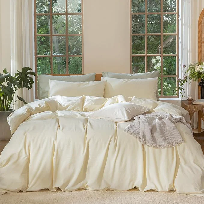Healthy MooMee Bedding Duvet Cover Set Washed Cotton Linen Like Textured Breathable Durable Soft Comfy Solid Cream Super Queen 90 quot x98 quot High-Grade