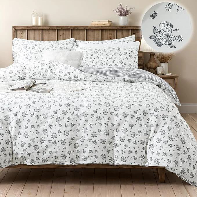 Certified FADFAY Floral Duvet Cover Set King Cal King Size Cotton Grey White Flower Comforter Cover Soft Breathable Girls Bed Cover Farmhouse Bedding with Hidden Zipper 3 Pcs King Cal King Reliable