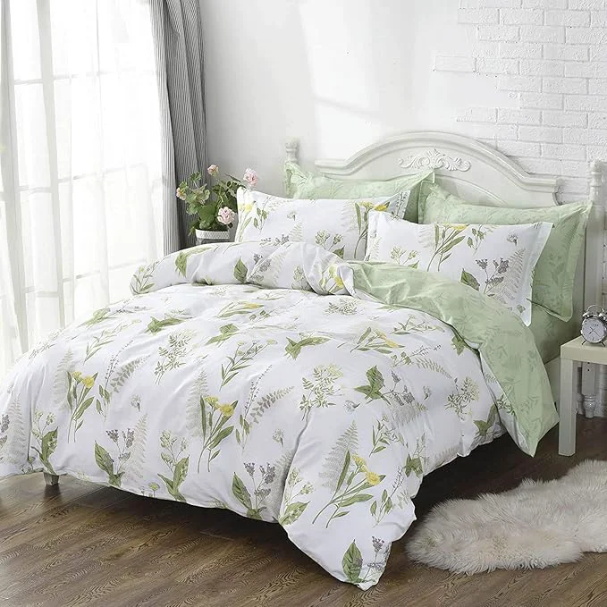 Modern FADFAY Farmhouse Premium Shabby Green Daisy and Botanical Lavender Flowers Cotton Bedding Set King Duvet Cover Set with Hidden Zipper Closure 3-Piece 1 Duvet Cover amp 2Pillowcases Next-Generation