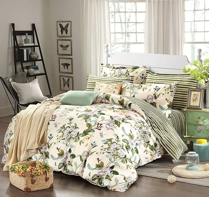 Fine Crafted FADFAY Floral Duvet Cover Set Cotton Green Striped and Beige Bedding White Flower Branches Print 600 TC Soft Reversible Zipper Bed Cover amp 2 Pillowcases King Cal King 106×92 Official