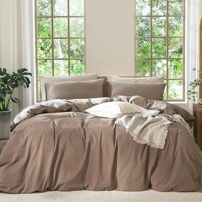 Relaxed MooMee Bedding Duvet Cover Set Washed Cotton Linen Like Textured Breathable Durable Soft Comfy Solid Brown King 104 quot x90 quot Fine