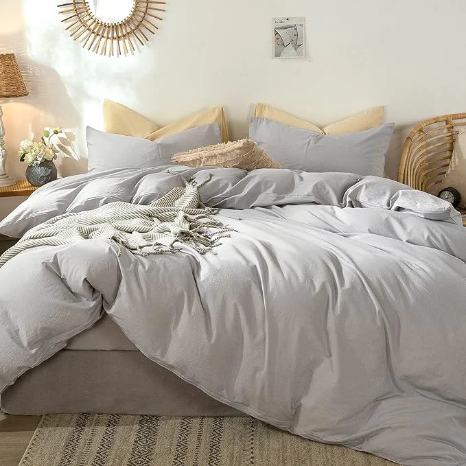 Superior MooMee Bedding Duvet Cover Set Washed Cotton Linen Like Textured Breathable Durable Soft Comfy Lavender Grey Queen Natural