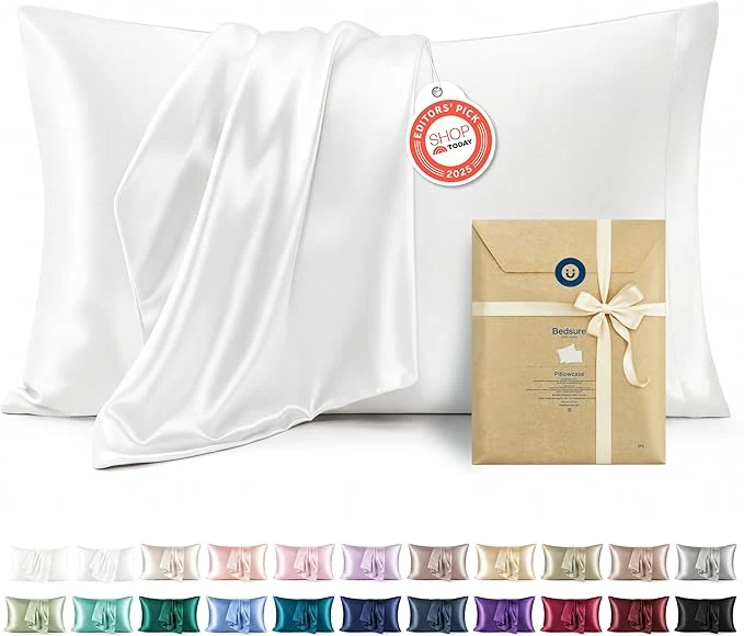 Verified Bedsure Satin Pillowcase 2 Pack Similar to Silk Pillow Cases Standard Size Pillow Case for Sleeping Women with Envelope Closure Gifts for Women Men Pure White 20×26 Inches 2pcs Official