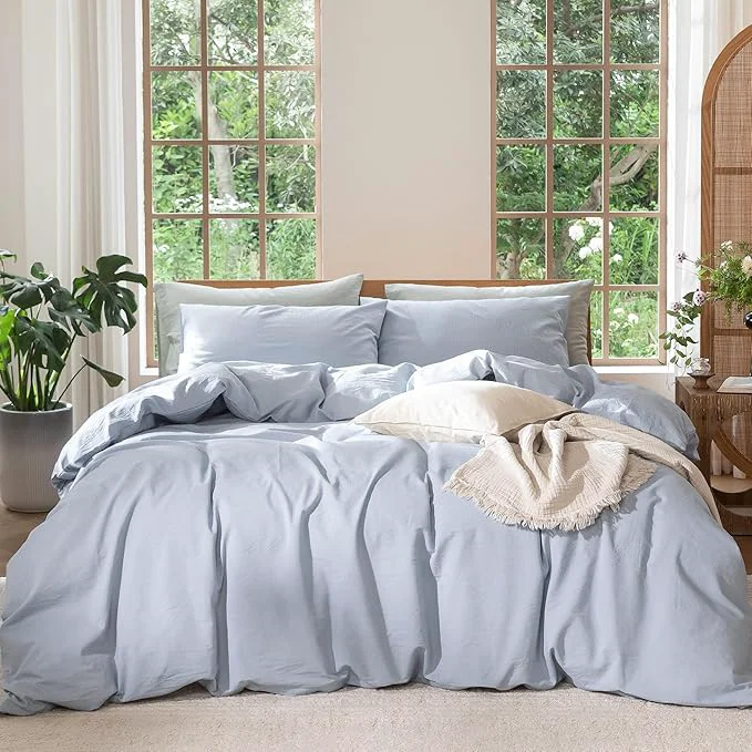 Efficient MooMee Bedding Duvet Cover Set Washed Cotton Linen Like Textured Breathable Durable Soft Comfy Heathered Cornflower Blue Cal King 104 quot x98 quot Traditional