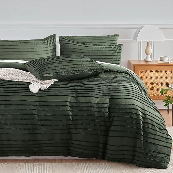 Sustainable NEXHOME PRO Duvet Cover King 3 Pieces Boho Tufted Duvet Cover Set Soft and Lightweight Washed Microfiber Comforter Cover Set for All Season Olive Green 104 x 90 -No Comforter Carefully Designed