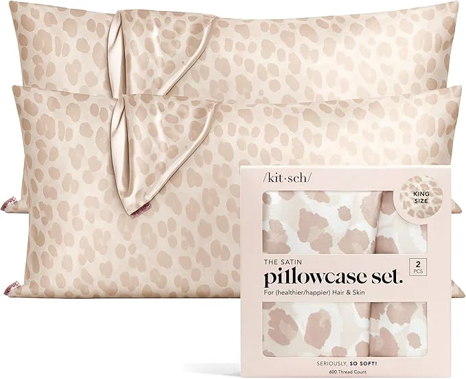 Trendy Kitsch Satin Pillowcase with Zipper for Hair amp Skin – Softer Than Silk Pillow Cases Smooth Cooling Satin Pillow Case Wrinkle- Machine Washable King Size Satin Pillow Case 19×36 Leopard 2pc Natural