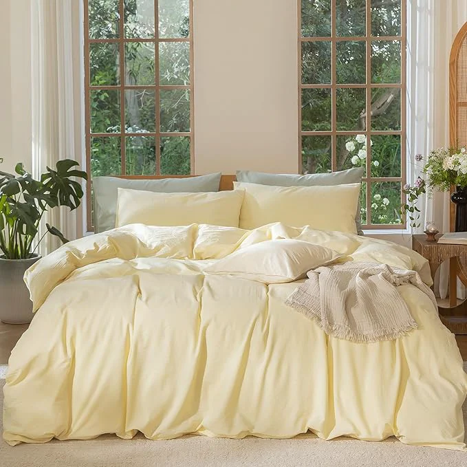Natural MooMee Bedding Duvet Cover Set Washed Cotton Linen Like Textured Breathable Durable Soft Comfy Heathered Butter Yellow Palatial King Oversized King 120 quot x98 quot Flexible