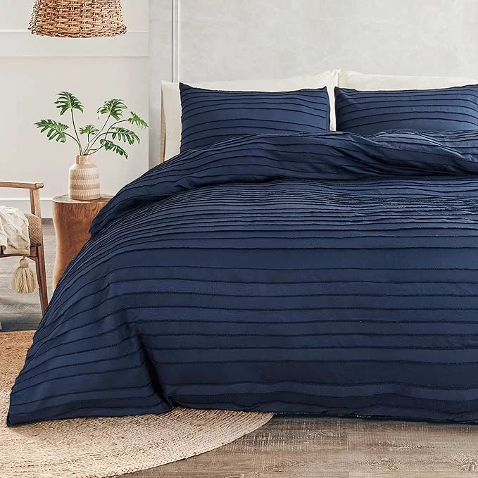 Artisan NEXHOME PRO Duvet Cover Navy 3 Pieces Boho Tufted Duvet Cover Set Soft and Lightweight Washed Microfiber Comforter Cover Set for All Season Navy Cal King 104 x 98 -No Comforter Environmentally Friendly