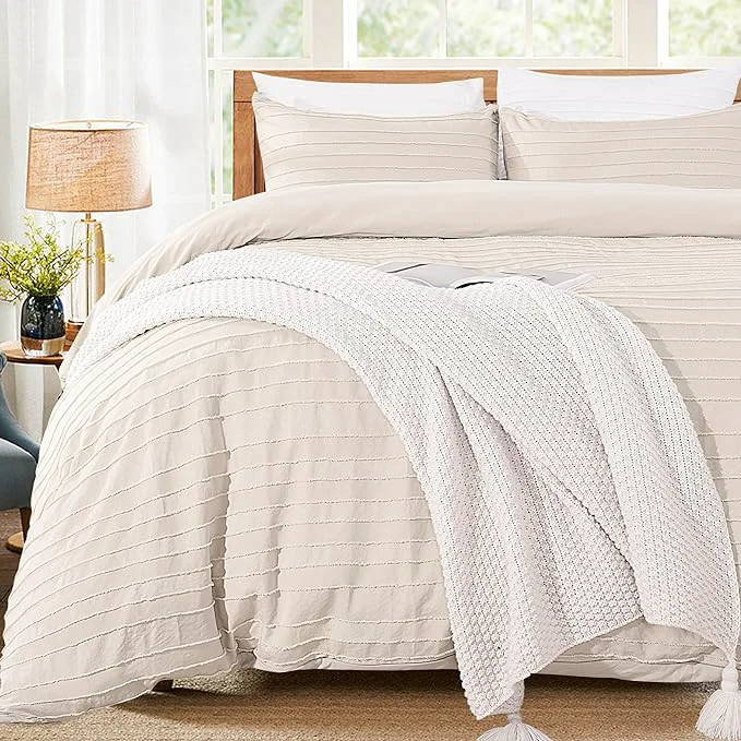 Elite NEXHOME PRO Duvet Cover Beige 3 Pieces Boho Tufted Duvet Cover Set Soft and Lightweight Washed Microfiber Comforter Cover Set for All Season Beige Cal King 104 x 98 -No Comforter Functional