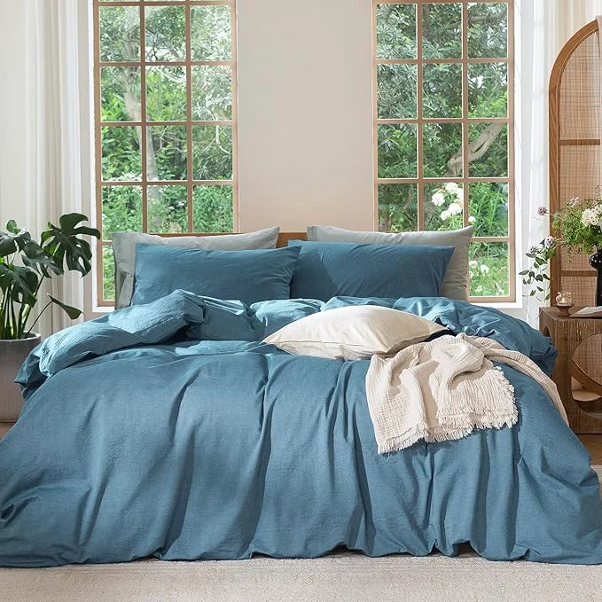 Reliable MooMee Bedding Duvet Cover Set Washed Cotton Linen Like Textured Breathable Durable Soft Comfy Heathered Peacock Blue King 104 quot x90 quot Versatile