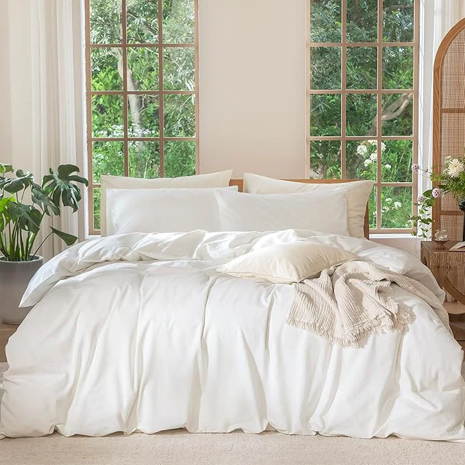 Easy-to-Use MooMee Bedding Duvet Cover Set Washed Cotton Linen Like Textured Breathable Durable Soft Comfy Solid Off White Twin 68 quot x90 quot High-Grade
