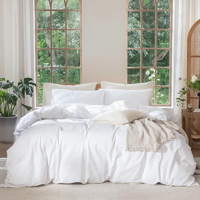 Healthy MooMee Bedding Duvet Cover Set Washed Cotton Linen Like Textured Breathable Durable Soft Comfy Solid Bright White Queen 90 quot x90 quot Stylish