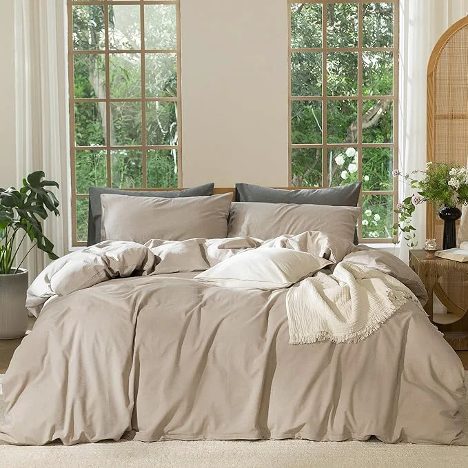 First-Class MooMee Bedding Duvet Cover Set Washed Cotton Linen Like Textured Breathable Durable Soft Comfy Heathered Taupe King 104 quot x90 quot Fine Crafted