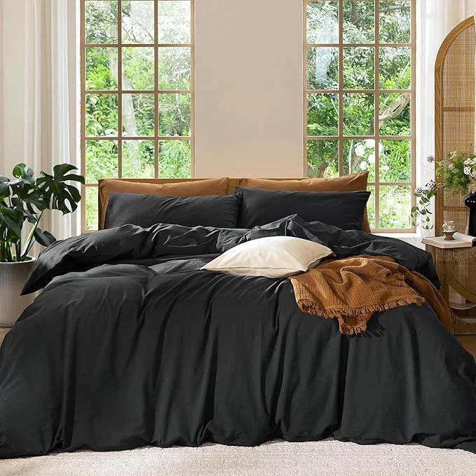 Easy-to-Use MooMee Bedding Duvet Cover Set Washed Cotton Linen Like Textured Breathable Durable Soft Comfy Solid Black Palatial King Oversized King 120 quot x98 quot