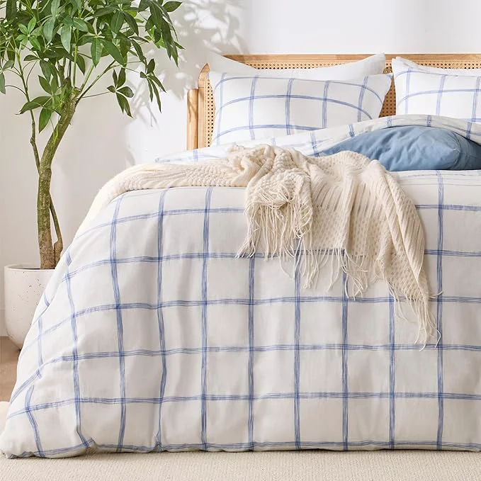 Fine Crafted Blue Plaid Duvet Cover Queen Size Soft Washed Cotton Queen Duvet Cover Set 3 Pieces with Zipper Clousre amp Corner Buttons White Blue Plaid Queen 90 x 90 Flexible