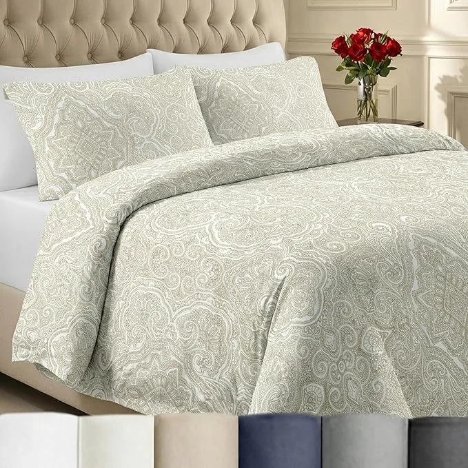Versatile California Design Den 3 Piece King Size Duvet Cover Set 400 Thread Count Cotton Sateen Soft Sateen Comforter Cover and Two Pillow Shams Button Closure and Corner Ties Paisley Beige Minimalist