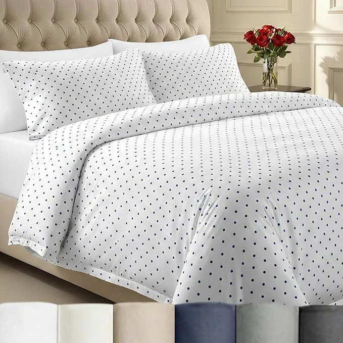 Superior California Design Den Printed Full Queen Size Duvet Cover Set – 400 Thread Count Sateen Cotton Button Closure and Corner Ties 3 Piece Polka Dot Clean