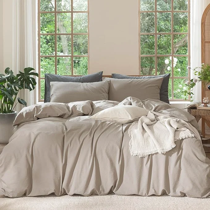 Classic MooMee Bedding Duvet Cover Set Washed Cotton Linen Like Textured Breathable Durable Soft Comfy Solid Light Tan Queen 90 quot x90 quot Crafted