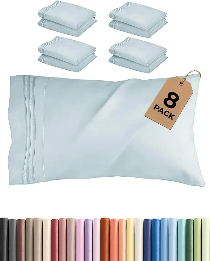 Premium Queen Pillow Cases Set of 8 – Ultra Soft Hotel Quality Pillowcase Covers – Comfy Cozy amp Wrinkle – Shrink Stain and Fade Resistant – Machine Washable Pillow Protectors – 8 Piece Set – Ice Blue Enhanced