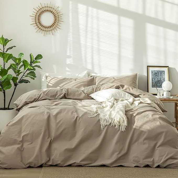 Premium MooMee Bedding Duvet Cover Set Washed Cotton Linen Like Textured Breathable Durable Soft Comfy Solid Light Camel Oversized King Plus 128 quot x120 quot Professional