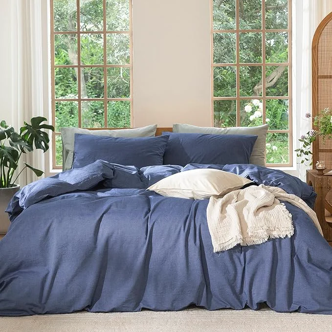 Convenient MooMee Bedding Duvet Cover Set Washed Cotton Linen Like Textured Breathable Durable Soft Comfy Heathered Blue Full 80 quot x90 quot Enhanced
