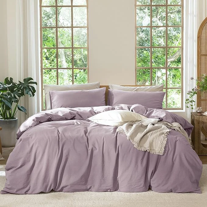 Enhanced MooMee Bedding Duvet Cover Set Washed Cotton Linen Like Textured Breathable Durable Soft Comfy Solid Taro Purple Alaska King 132 quot x120 quot Long-Lasting