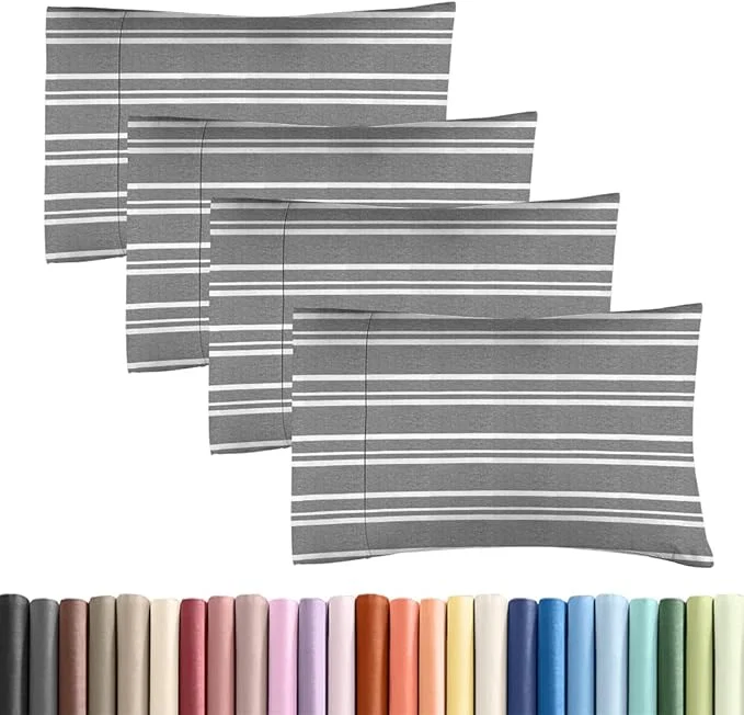 Excellent Standard Pillow Cases Set of 4 – Soft Hotel Quality Pillowcase Covers – Comfy Cozy Bedding for Women Men Kids amp Teens – Machine Washable Pillow Protectors – 4 Piece – Standard Size Grey Stripes Premium Material