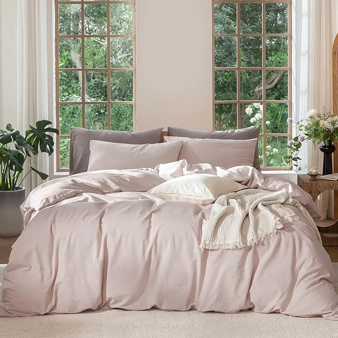 Premium MooMee Bedding Duvet Cover Set Washed Cotton Linen Like Textured Breathable Durable Soft Comfy Heathered Greyish Pink King 104 quot x90 quot Flexible