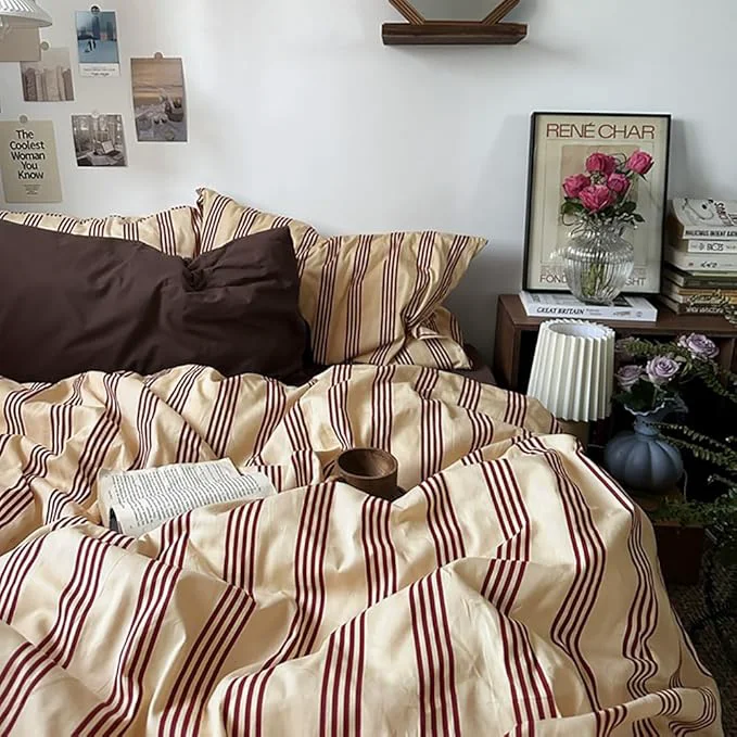 Safe Nayoroom Striped Duvet Cover Full Size Vintage Brown Striped Duvet Cover 3 Pieces Washed Cotton Soft Breathable Girls Dorm Bedding Set for Hot Sleepers Contemporary