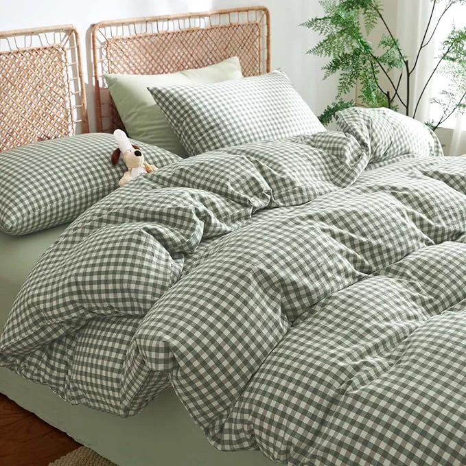 Comfortable Nayoroom Gingham Duvet Cover Full Size Washed Cotton Green Plaid Checkered Comforter Cover 3 Pcs Soft Breathable Grid Farmhouse Dorm Bedding Set for All Seasons Fine
