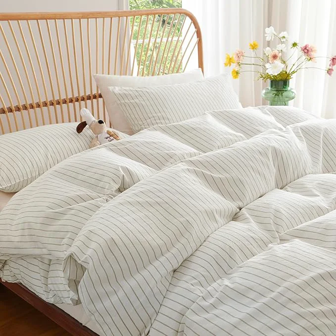 Functional Nayoroom Striped Duvet Cover King Size Washed Cotton White Brown Stripe Duvet Cover 3 Pieces Soft Breathable Girls Dorm Bedding Set for All Seasons Yarn Dyed Process Advanced