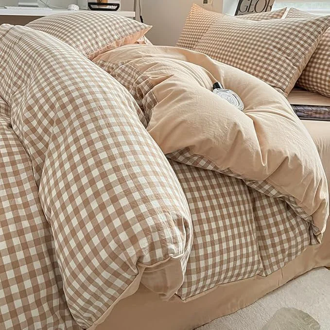 Stylish Nayoroom Brown Gingham Duvet Cover Queen Size Washed Cotton Duvet Cover 3 Pieces Soft Breathable Yarn-Dyed Plaid Checkered Girls Dorm Bedding Set for All Seasons