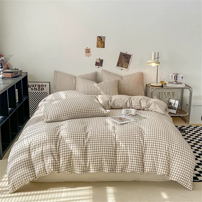 Stylish Nayoroom Gingham Duvet Cover King Size Brown Tan Plaid Checkered Comforter Cover 3 Pieces Soft Lightweight Washed Microfiber Farmhouse Grid Dorm Bedding Set with Pillowcases Comfortable