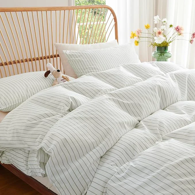 Powerful Nayoroom Striped Duvet Cover Queen Size Washed Cotton White Green Stripe Duvet Cover 3 Pieces Soft Breathable Girls Dorm Bedding Set for All Seasons Yarn Dyed Process Relaxed