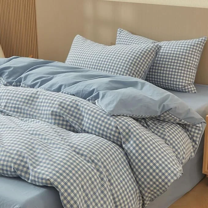 Next-Generation Nayoroom Blue Gingham Duvet Cover Queen Size Washed Cotton Duvet Cover 3 Pieces Soft Breathable Yarn-Dyed Plaid Checkered Girls Dorm Bedding Set for All Seasons Consistent