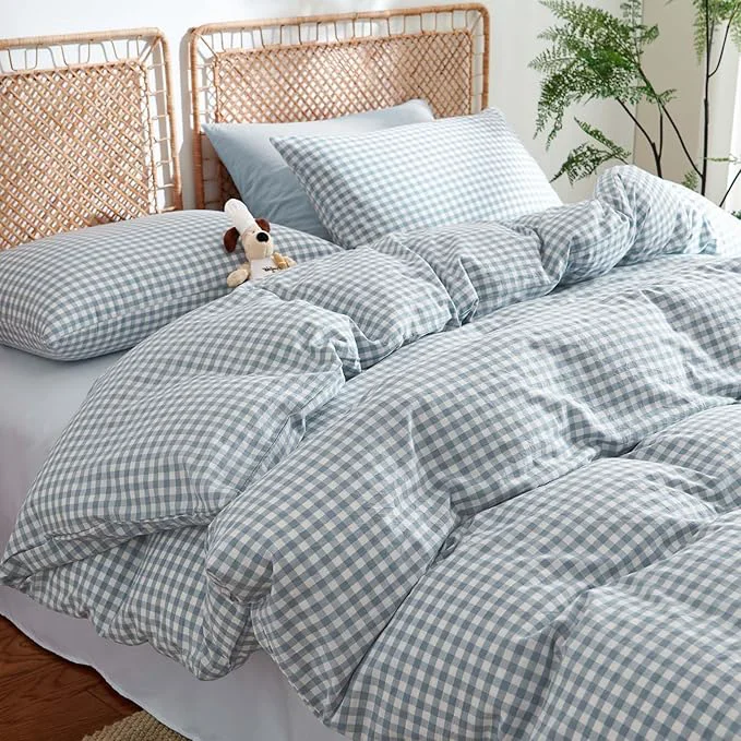Organic Nayoroom Gingham Duvet Cover King Size Washed Cotton Blue Plaid Checkered Comforter Cover 3 Pcs Soft Breathable Grid Farmhouse Dorm Bedding Set for All Seasons Reusable