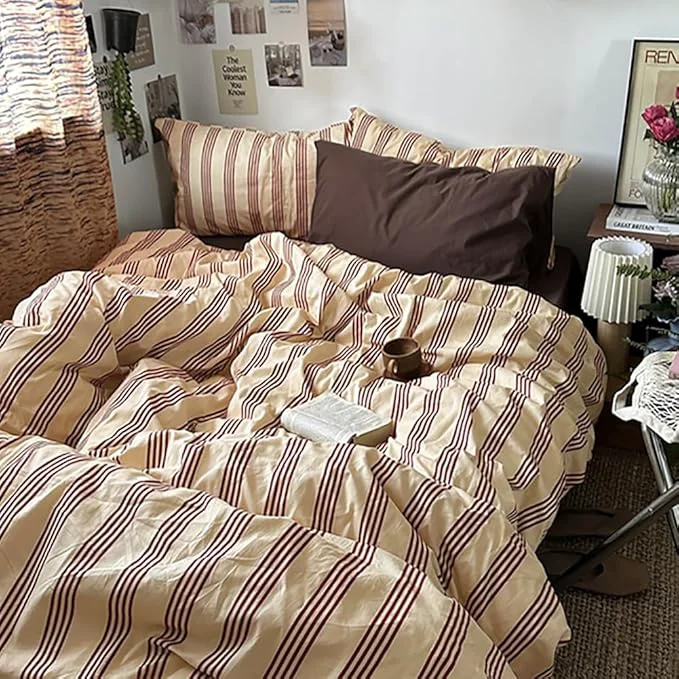Secure Nayoroom Striped Duvet Cover Queen Size Vintage Brown Striped Duvet Cover 3 Pieces Washed Cotton Soft Breathable Girls Dorm Bedding Set for Hot Sleepers Eco-Friendly
