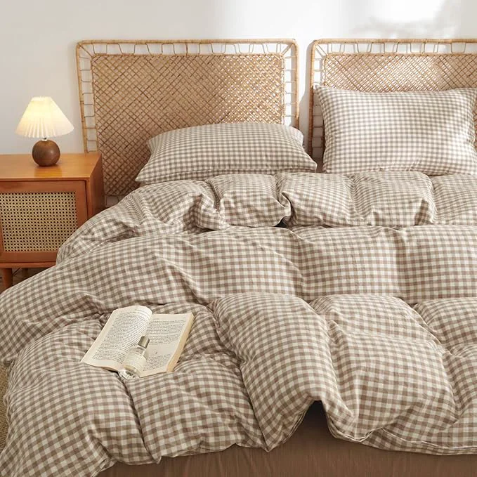 Classic Nayoroom Gingham Duvet Cover Queen Size Washed Cotton Brown Tan Plaid Checkered Comforter Cover 3 Pcs Soft Breathable Grid Farmhouse Dorm Bedding Set for All Seasons Easy-to-Use
