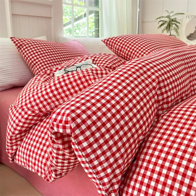 Functional Nayoroom Red Gingham Duvet Cover Queen Size Washed Cotton Plaid Checkered Duvet Cover 3 Pieces Soft Breathable Grid Farmhouse Dorm Bedding Set for All Seasons Certified