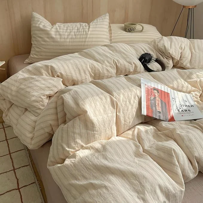 Exclusive Nayoroom Striped Duvet Cover Queen Size Washed Cotton Beige Duvet Cover with Black White Stripes Pattern Printed Comforter Cover 3 Pieces Soft Breathable Dorm Bedding Set for All Seasons High-Grade