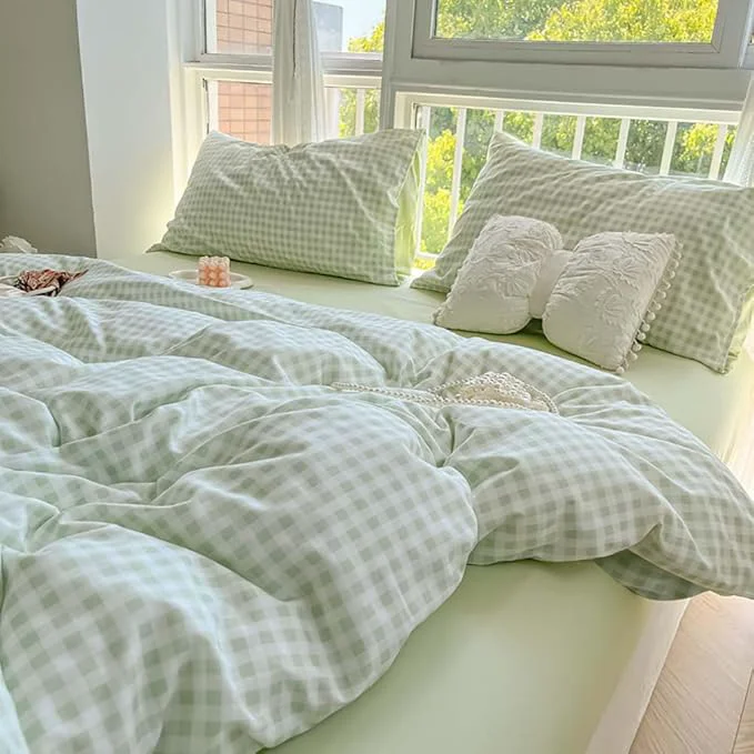 Genuine Nayoroom Green Gingham Duvet Cover Queen Size Plaid Checkered Duvet Cover Girls Dorm Bedding Set 3 Pieces Soft Lightweight Washed Microfiber Farmhouse Bedding with Pillowcases Prestigious