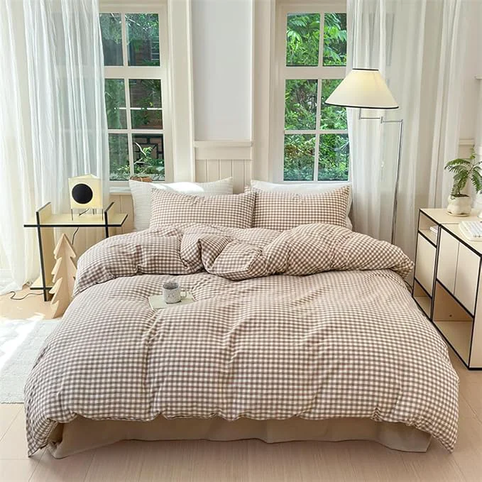 Outstanding Nayoroom Brown Gingham Duvet Cover Full Size Tan White Plaid Checkered Duvet Cover Grid Dorm Bedding Set 3 Pieces Soft Lightweight Washed Microfiber Farmhouse Bedding with Pillowcases High-Performance