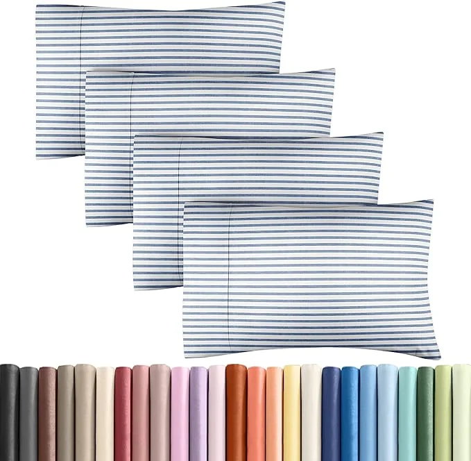 Relaxed King Pillow Cases Set of 4 – Ultra Soft Hotel Quality Pillowcase Covers – Comfy Cozy amp Wrinkle – Shrinkage and Fade Resistant – Machine Washable Pillow Protectors – 4 Piece Set – Blue Stripes 2 Certified
