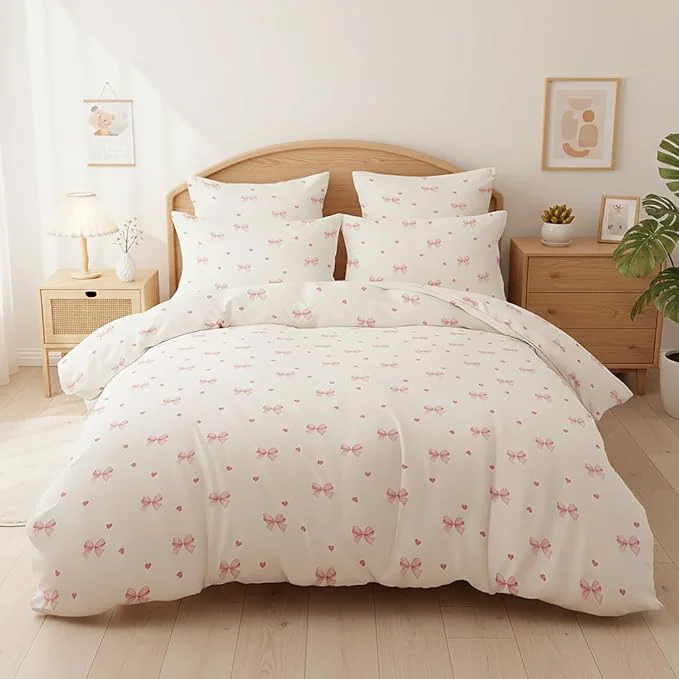 Effective Nayoroom Pink Bow Duvet Cover Full Size Coquette Pink Heart Duvet Cover 3 Pieces Soft Lightweight Microfiber Kids Girls Cute Aesthetic Dorm Bedding Set Expertly Made