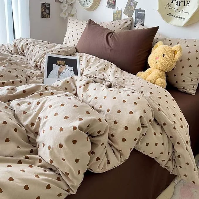 Efficient Nayoroom Brown Heart Duvet Cover King Size Vintage Hearts Printed on Taupe Duvet Cover Kids Girls 3 Pieces Soft Microfiber Farmhouse Bedding Set with Zipper Closure Easy-to-Use