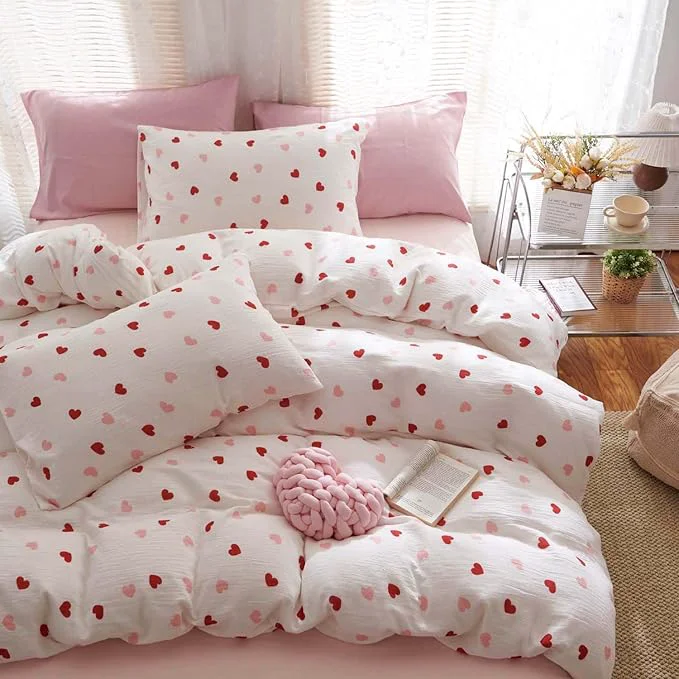 Crafted Nayoroom Heart Duvet Cover Set Queen Size Red Pink Hearts Printed on White Bedding Set for Kids Girls 3 Pcs Soft Lightweight Breathable Microfiber Comforter Cover with Zipper Closure Quality